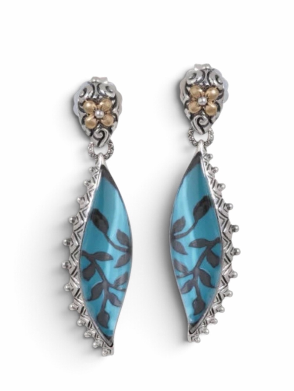 Barbara Bixby 18K Gold Sterling Silver Floral Elongated Dangle Earrings w/Box